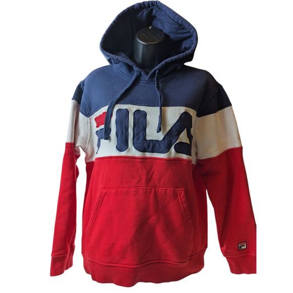 FILA Hoodie Women Medium Colorblock Pullover Red Blue Big Logo Sweatshirt Preppy - Picture 8 of 12